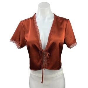 Princess Polly Brown Silk Satin Vintage Short Sleeve Tie Up Cropped Top Size 6